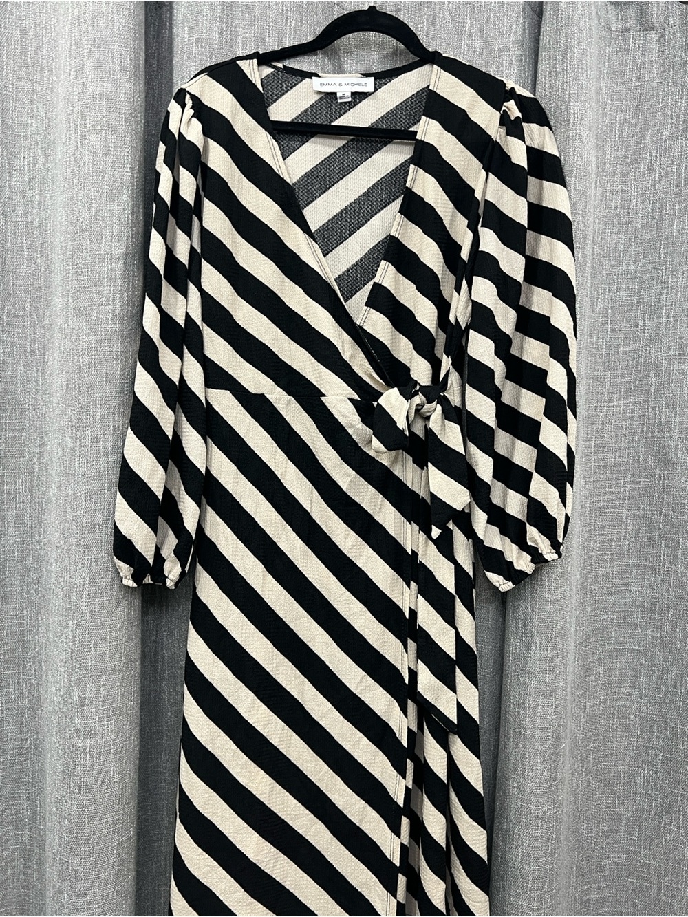 Emma & Michele Black and Cream Diagonal Stripe Wrap Dress